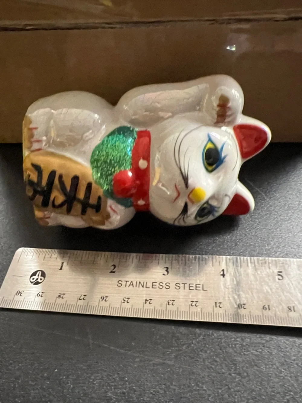 White Maneki Neko Lucky Cat Figurine with Red Accents